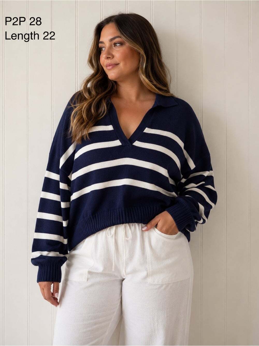 Reitmans Navy White Striped Collared Sweater XL Oversized Coastal Preppy